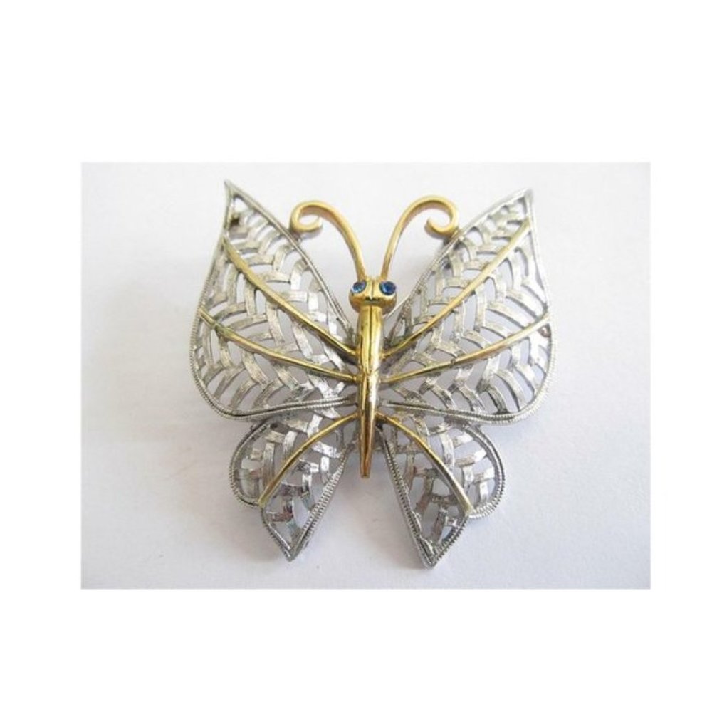 RHINESTONE BUTTERFLY BROOCH PIN VINTAGE SILVER TONE GOLD TONE MARKED AVON